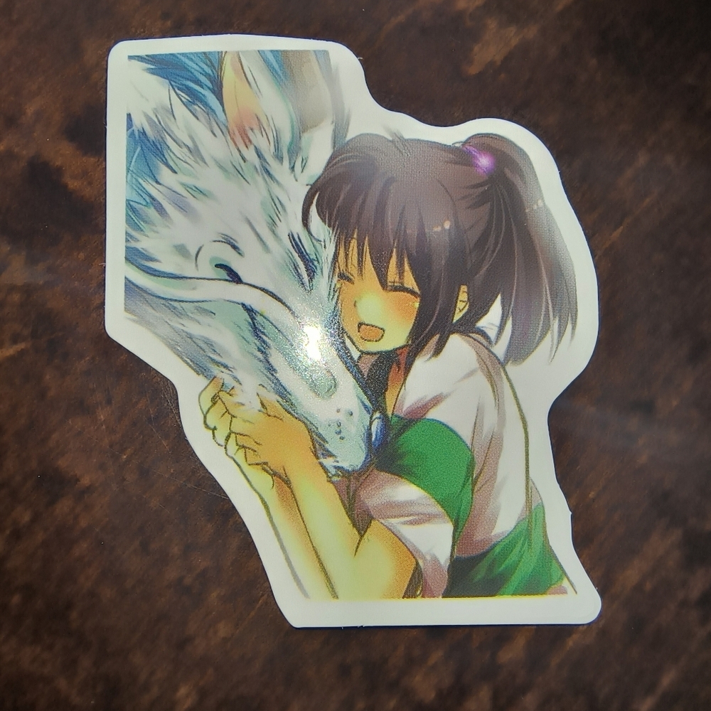 Anime Sticker - Girl Hugging White Spirit Wolf (White, Green) Studio Ghibli